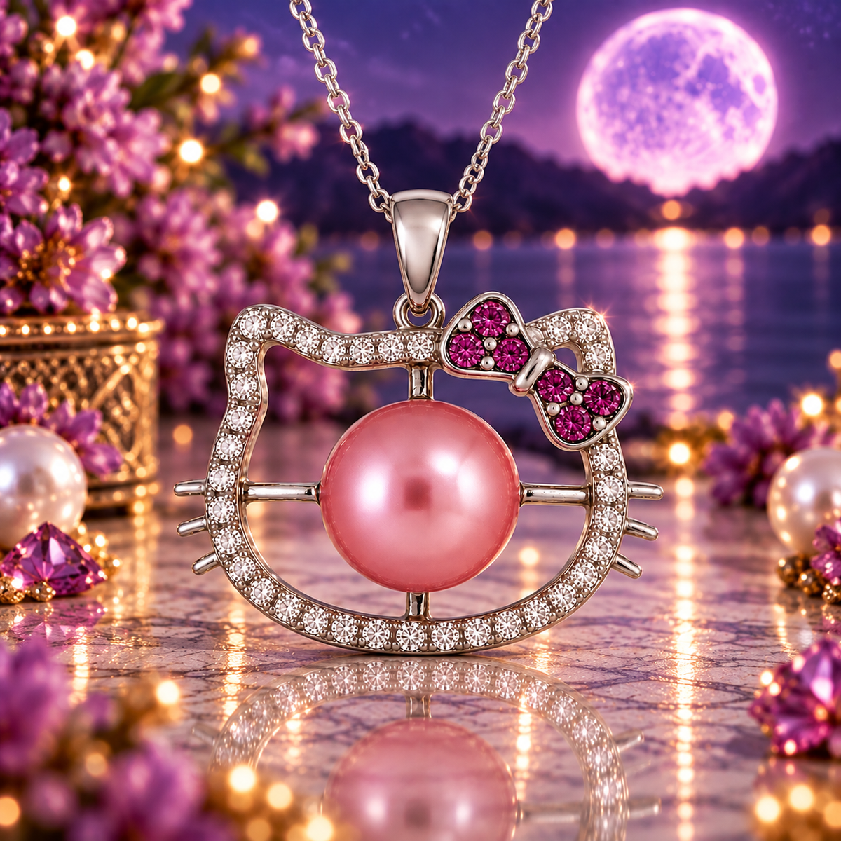 Pink Bow Hello Kitty Pearl Pendant .925 Sterling Silver Mount