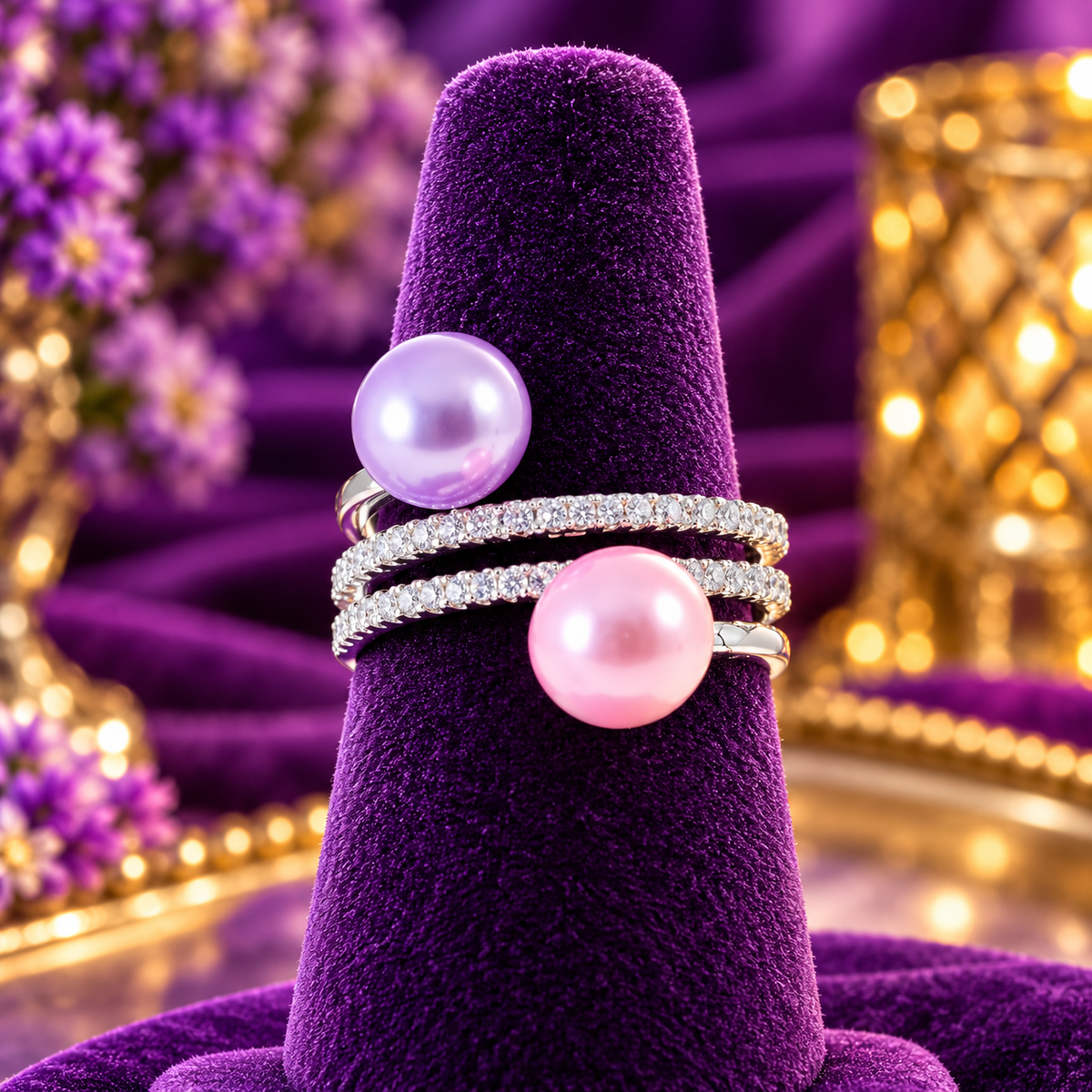 Triple Sparkle Twist Ring – Sterling Silver Double Pearl Ring